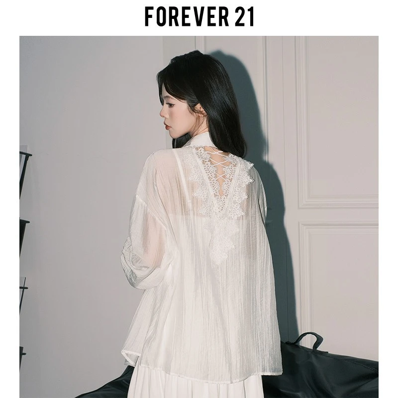 Forever 慵懒休闲白色蕾丝polo衬衫女宽松镂空长袖防晒罩衫上衣