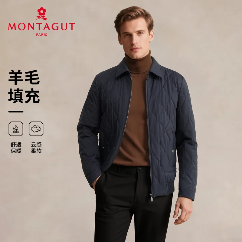 梦特娇【绵羊毛填充/菱形格】秋冬男棉衣翻领夹克外套棉服保暖厚
