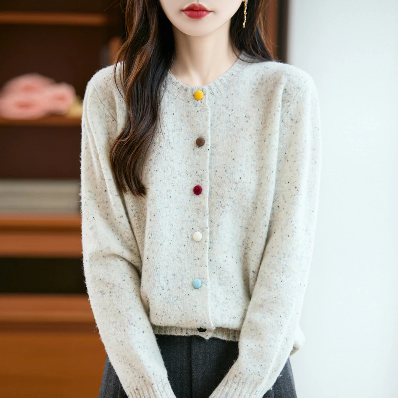 100羊毛七针加厚彩扣彩点纱羊毛开衫女士圆领宽松减龄针织外套
