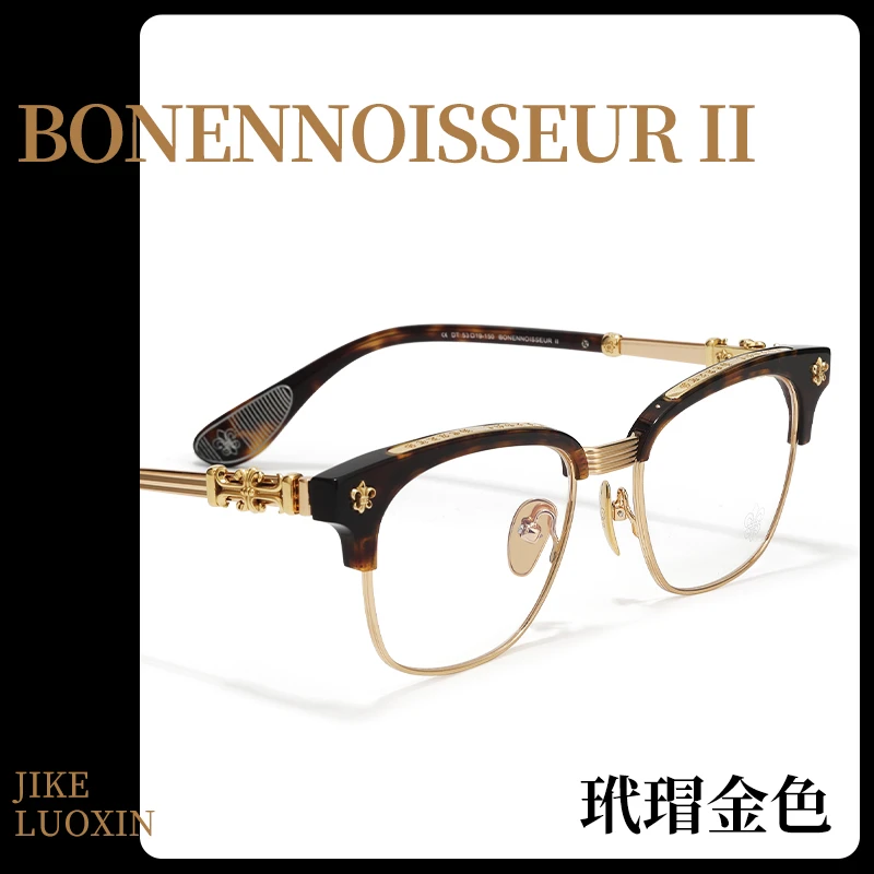 极克.罗心痞帅纯钛半框眼镜框男款商务手工复古雕花近视眼镜架女