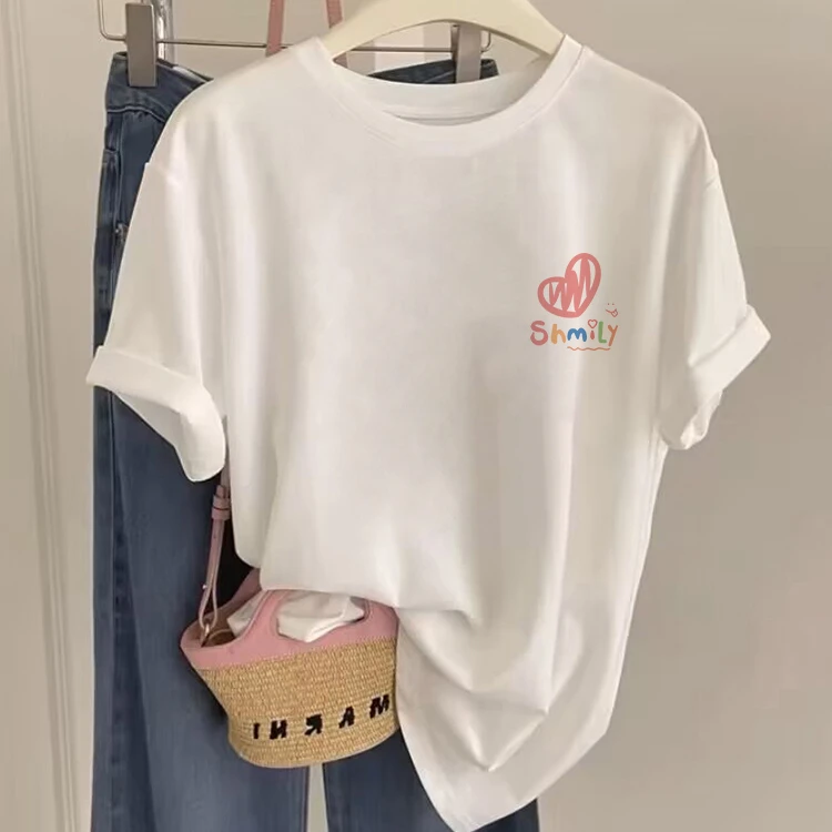 白色纯棉短袖t恤女2025夏季新款爆款宽松超好看女装爱心印花上衣