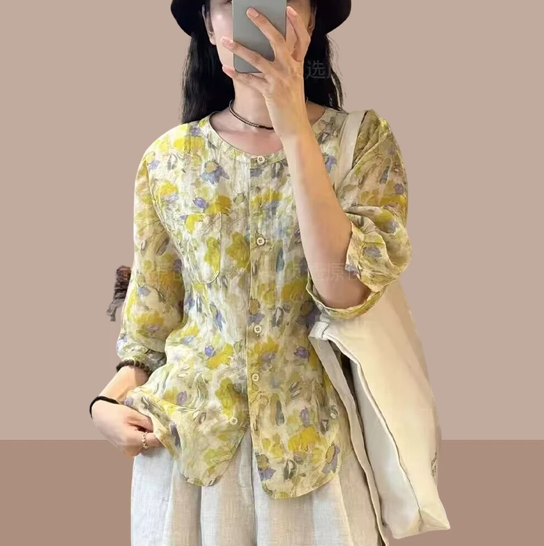 撞色碎花麻衬衫女2025夏季时尚新款圆领中袖印花显瘦百搭休闲小衫