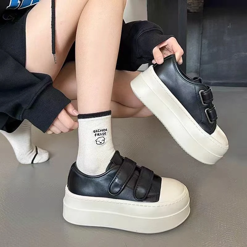 欧货网红同厚底增高款娃娃头板鞋女魔术贴厚底增高女鞋 068-8