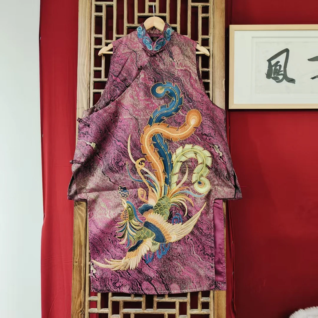 蓝 ( LS152-5）凤徕兮定制炫彩紫底彩凤刺绣斜襟小立领盘扣马甲