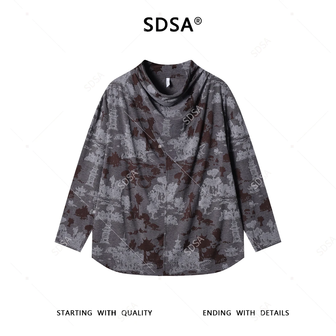 SDSA男士秋冬新款痞帅男装简约宽松撞色提花立领长袖T恤百搭上衣