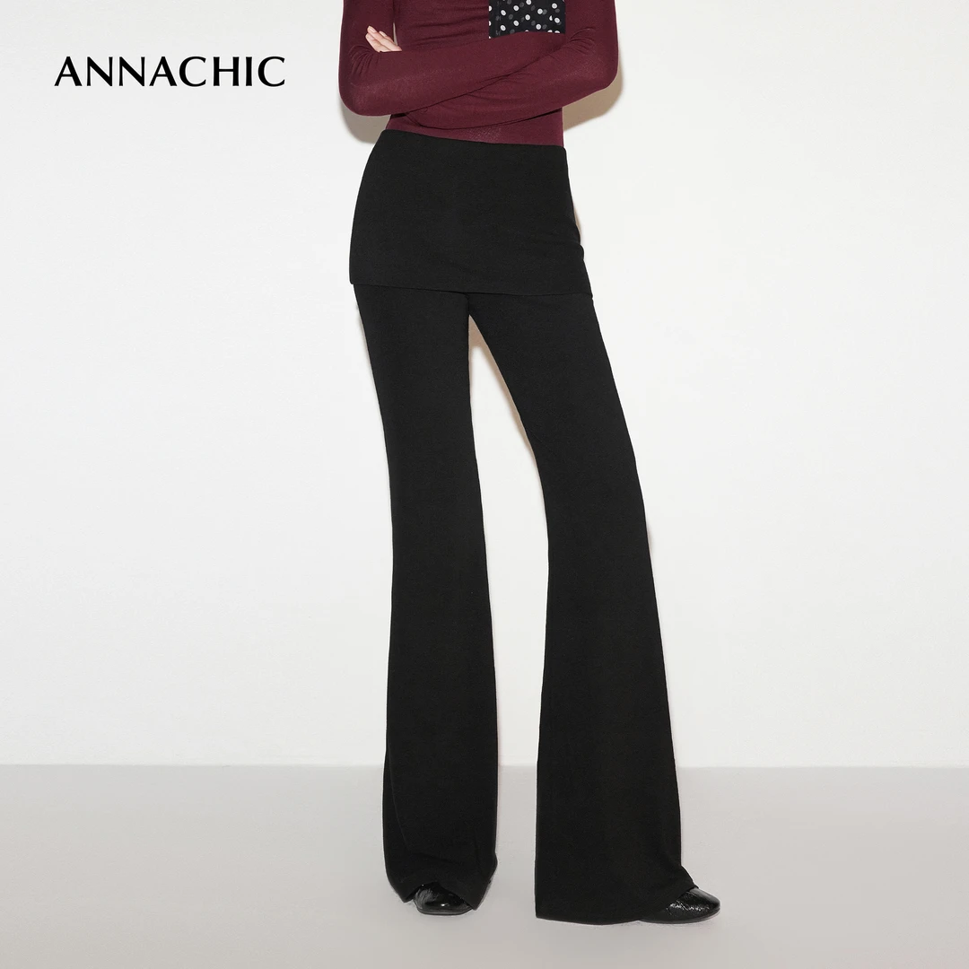 ANNACHIC细腿神裤_假两件遮胯屁帘微喇叭裤女_温暖亲肤休闲长裤子