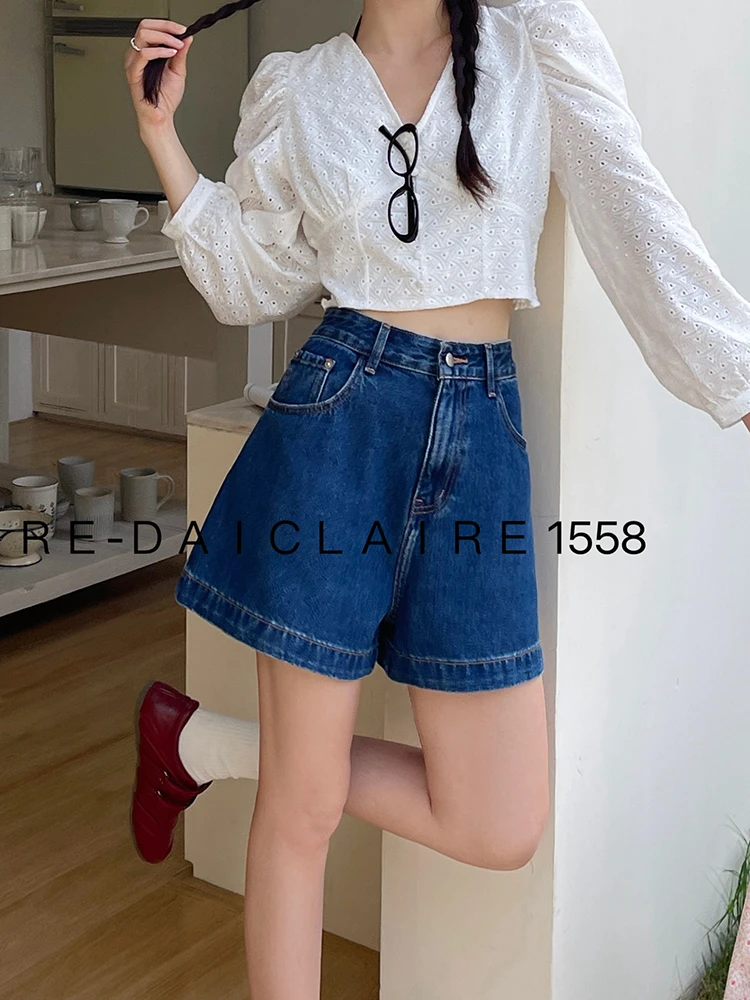 代嘉儿daiclaire牛仔裤女春夏季新款高腰宽边蓝色A字阔腿短裤1558