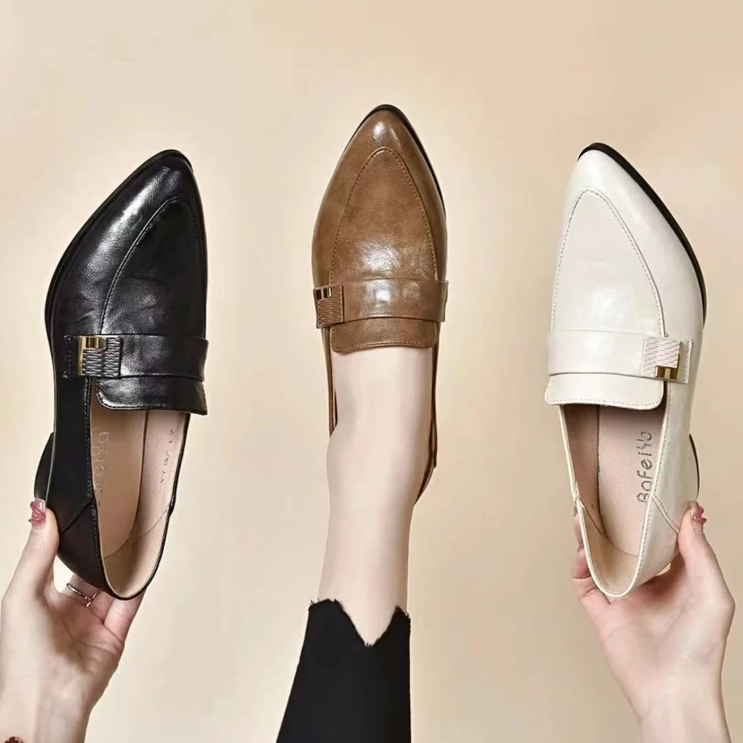 【品牌力荐】尖头单鞋女2025春季新款真皮女鞋通勤英伦风乐福鞋633