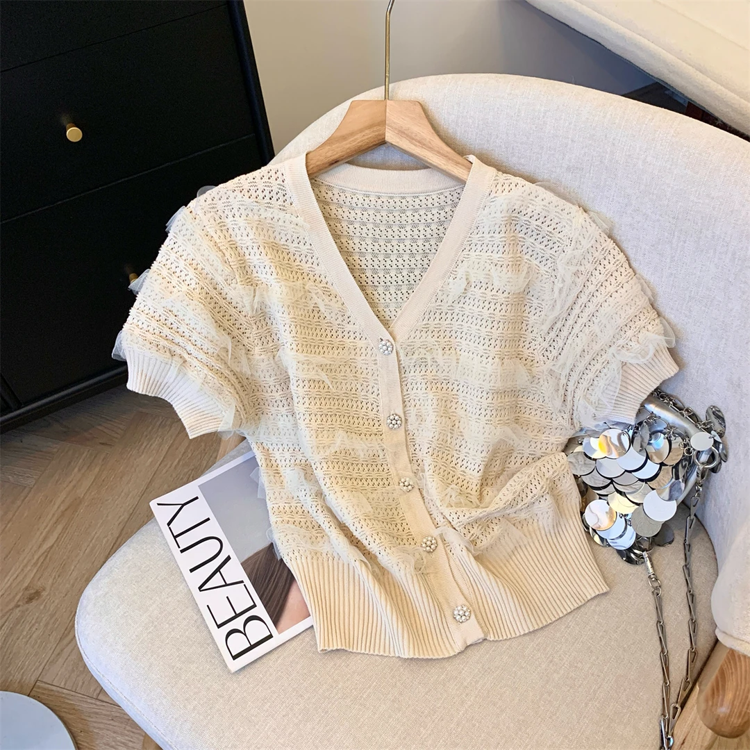 【视频同款不透】夏季衬衫针织小香风蕾丝显瘦气质2025年新款修身