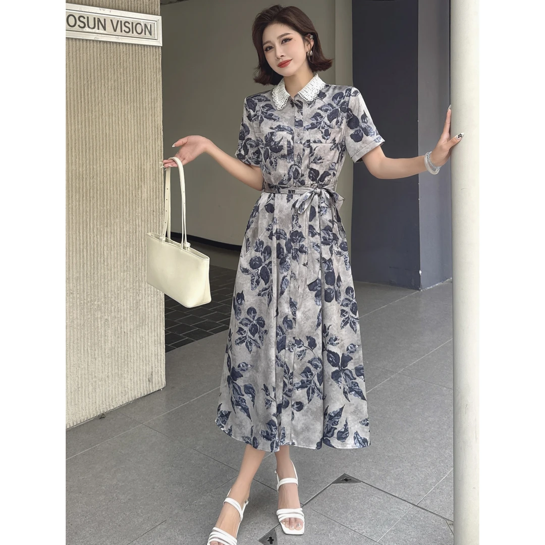 无印心匠B561-1 单排扣POLO领短袖复古温柔长裙碎花连衣裙K1795