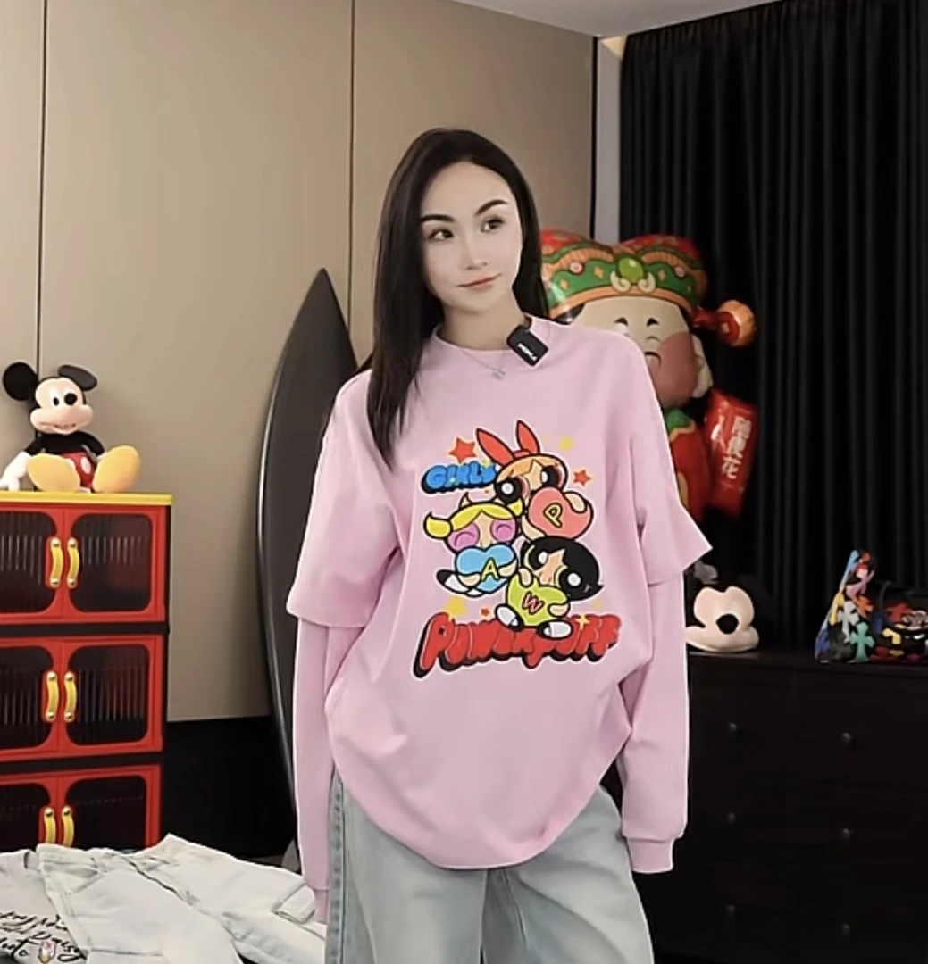 【劉發發】W532【粉色女警】新款韩版百搭时尚圆领休闲宽松显瘦T恤