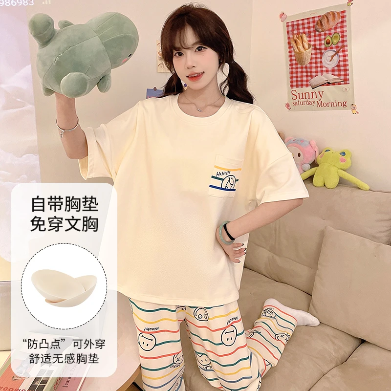 睡衣女款爆款2025新款夏季可外穿出门自带胸垫短袖长裤家居服套装