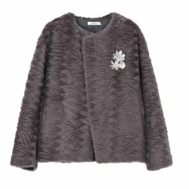 AVVENN 设计师品牌2025春圆领毛毛外套时尚经典保暖纯色经典宽松