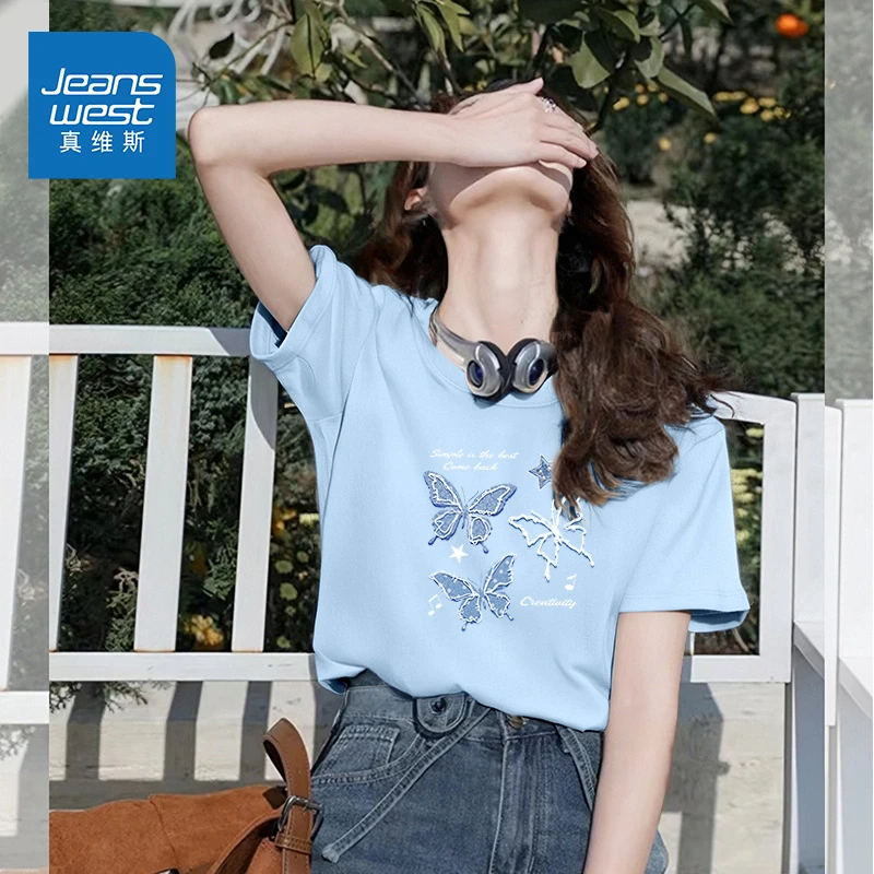 真维斯蓝色纯棉短袖t恤女2025新款夏季宽松显瘦休闲打底正肩上衣