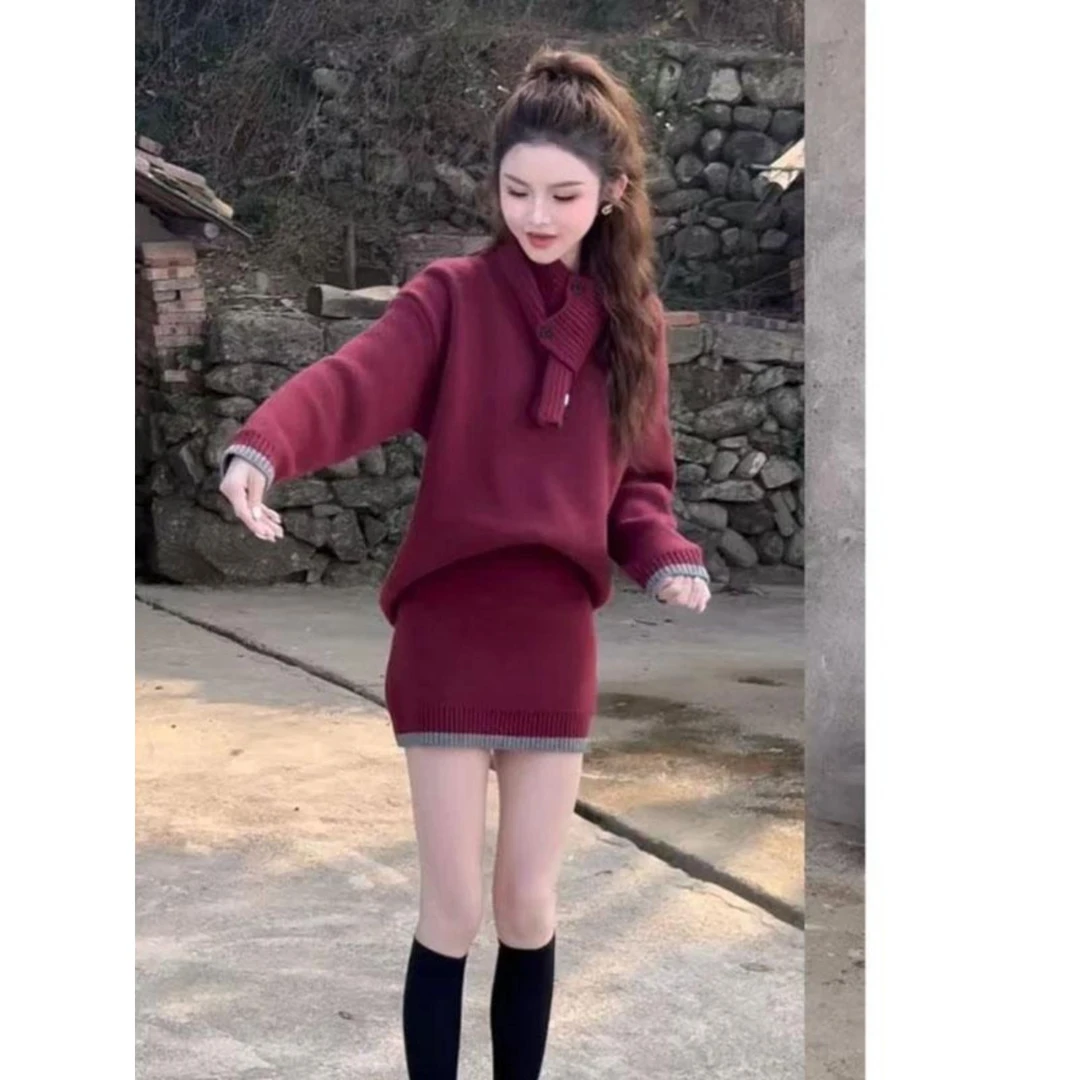 早秋季女装ootd穿搭一整套新年战袍红色毛衣显瘦半身裙子两件套装