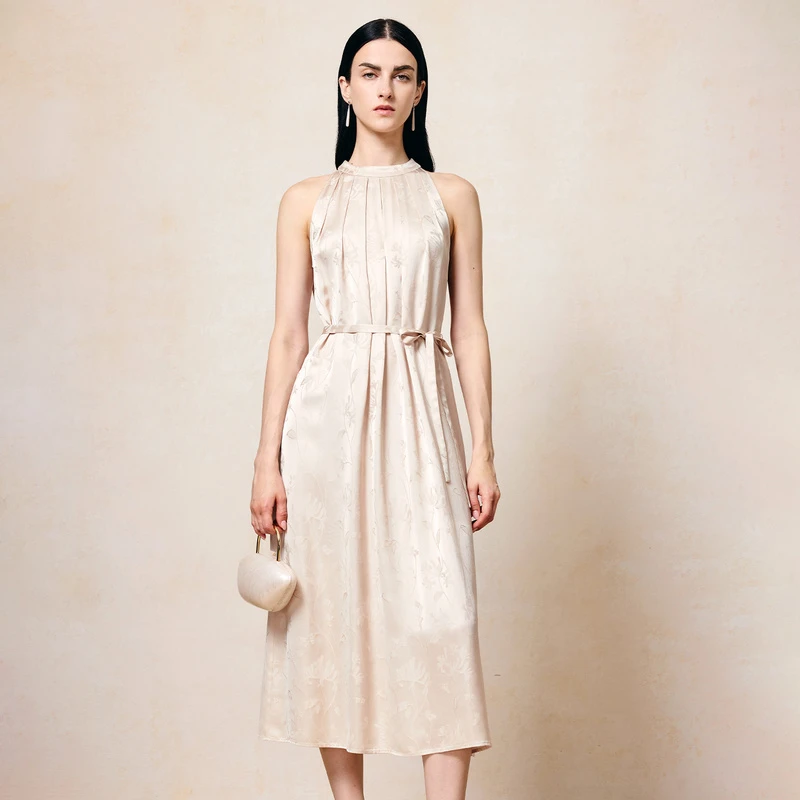 寺山文也 扶风/优雅的化身新中式提花立领绑带无袖挂脖连衣裙女夏