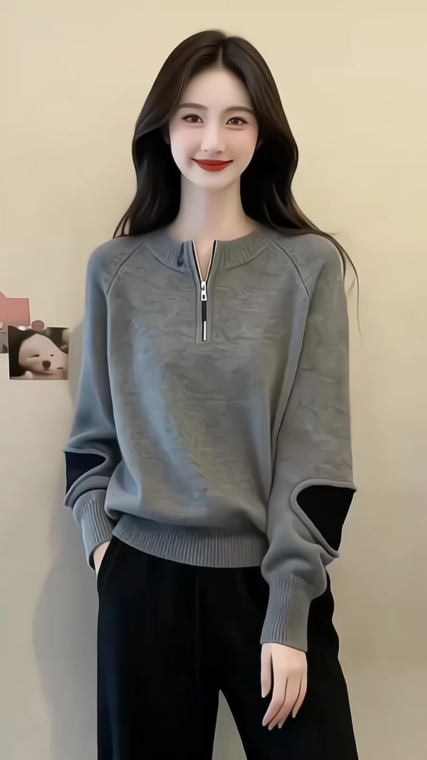 韩系高级感简约百搭针织衫秋冬流行穿搭新款2025年洋气拉链毛衣女