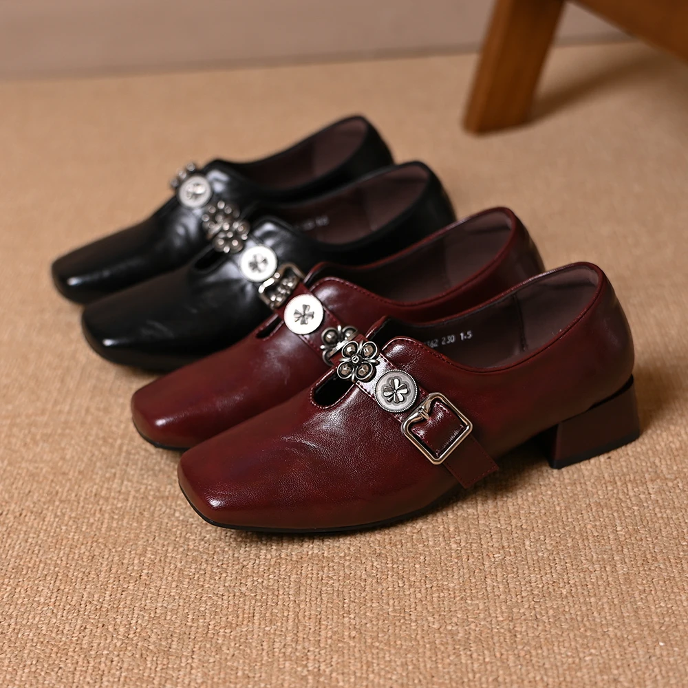 复古舒适百搭单鞋女春秋新款方头粗跟深口一脚蹬金属扣软底小皮鞋