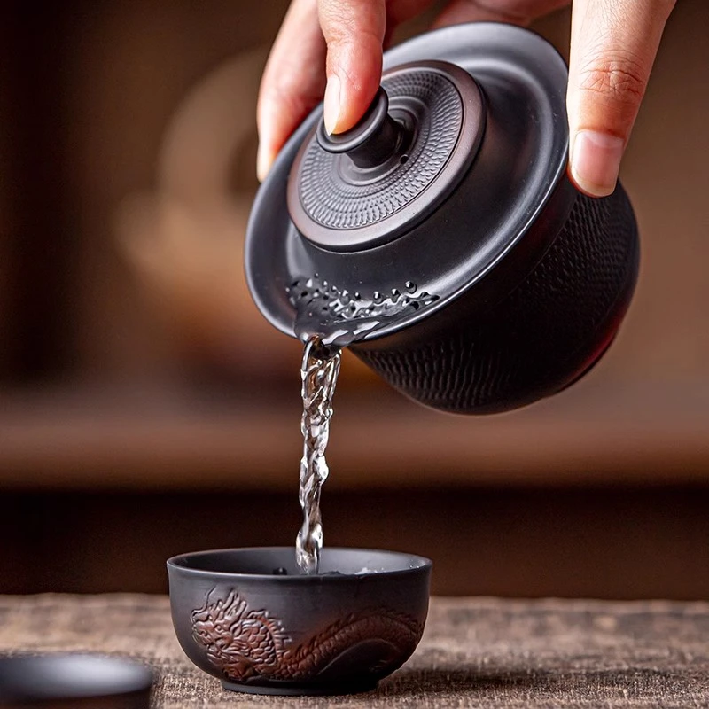 云南紫陶高档跳刀三才盖碗茶碗茶杯不烫手手抓宝瓶功夫茶具泡茶器