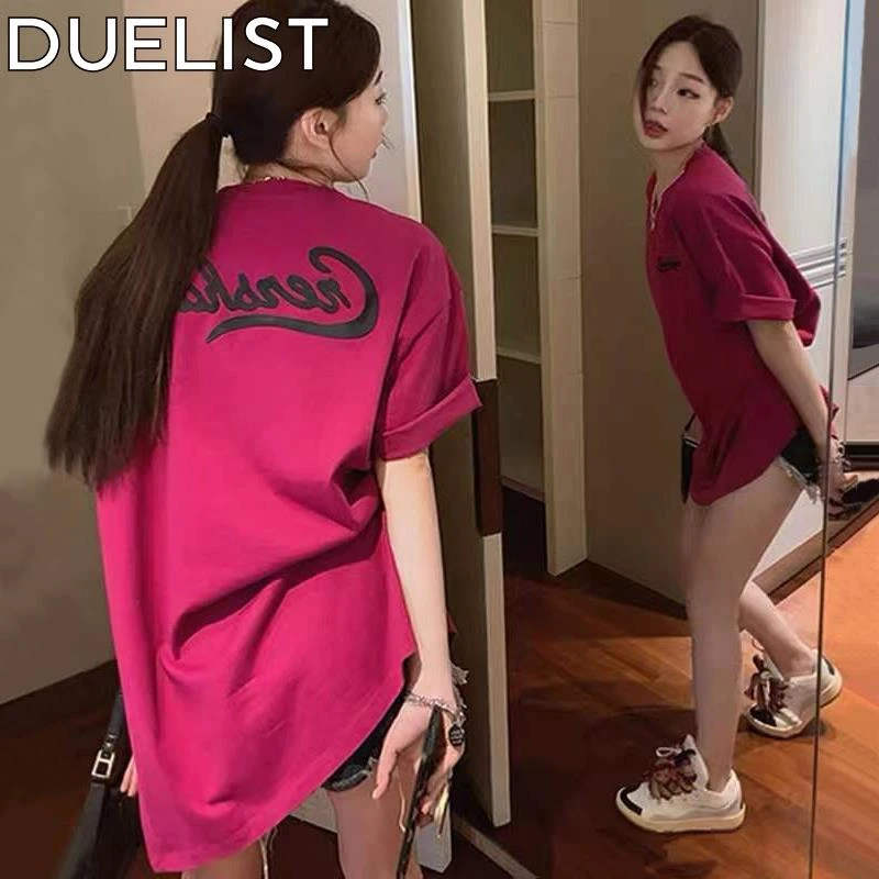 DUELIST玫红色印花短袖女新款爆款夏宽松大版中长款上衣显瘦高端