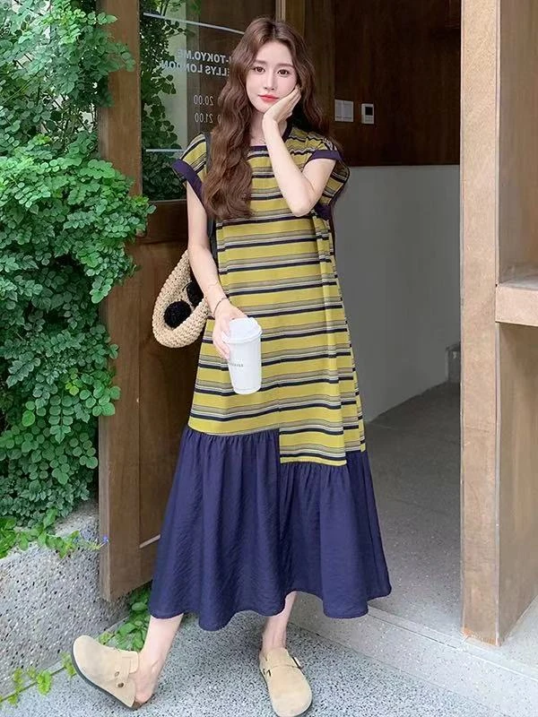 韩系慵懒风条纹宽松连衣裙女
