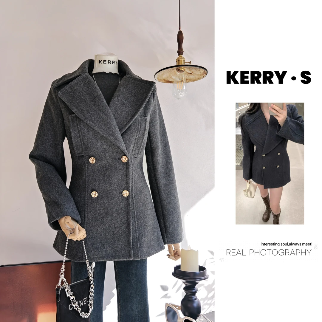 沙漏腰西装毛呢外套夹棉女冬季翻领高级感中长款气质显瘦呢子大衣