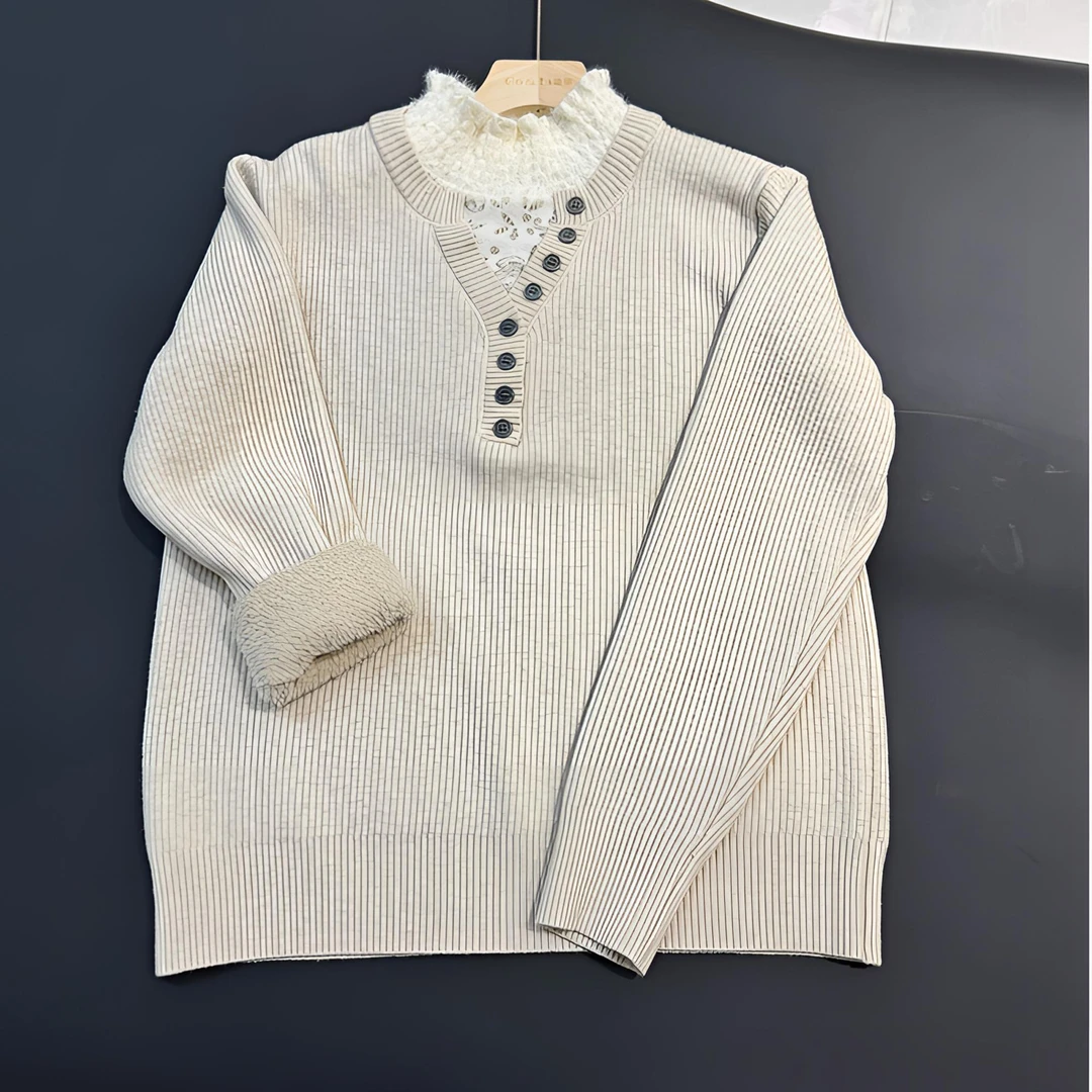 【侯姐家】蕾丝领假两件加厚一体绒毛衣