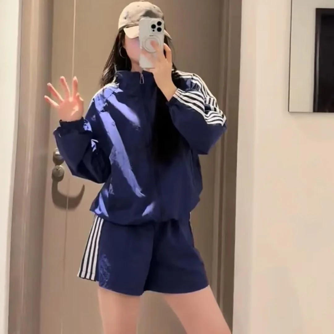 2025春夏新款宽松休闲运动套装美式速干防晒衣宽松外套短裤两件套