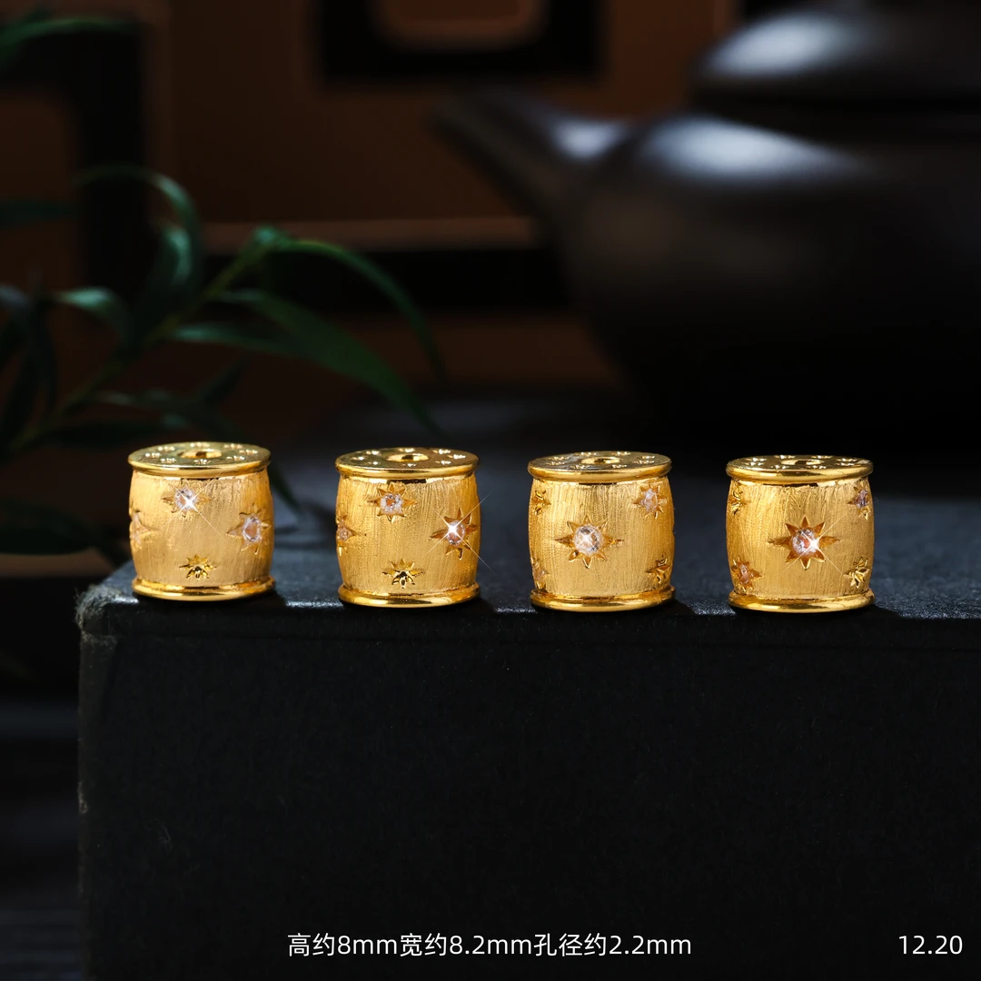 【金豆工厂】18K金镶八芒星桶珠进口拉丝工艺路路通吊坠隔珠轻奢风D