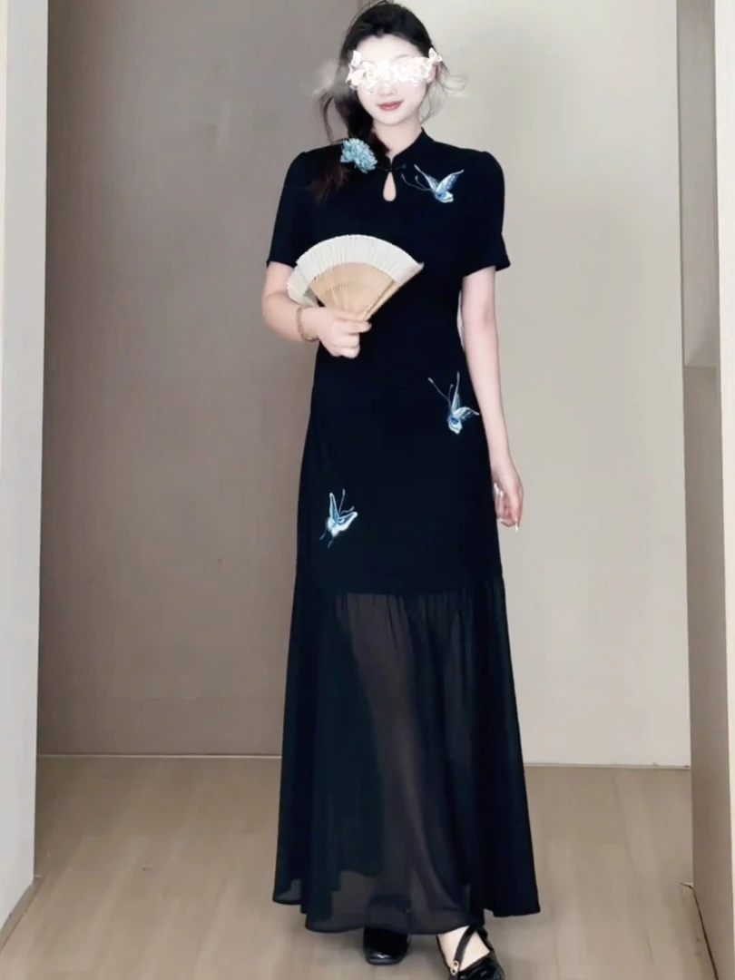 大码女装新款2025夏季新中式改良旗袍气质显瘦中国风刺绣连衣裙女