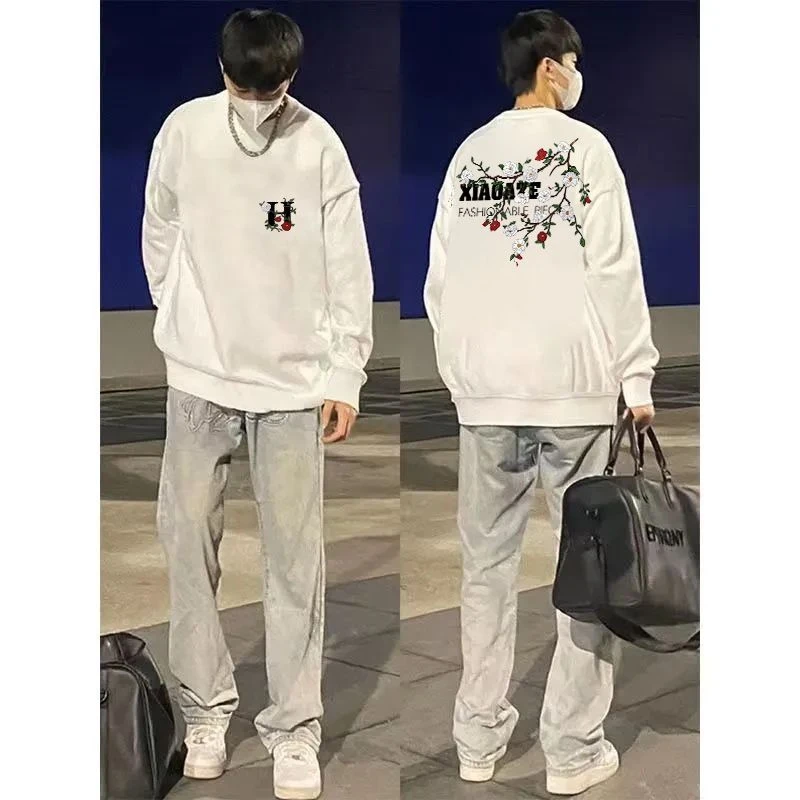 特大码300斤秋冬新款港风加绒加厚圆领卫衣潮流百搭男女无帽上衣