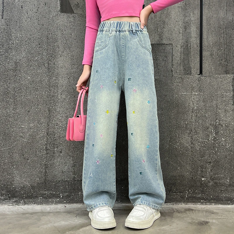 女童牛仔裤阔腿裤高腰直筒拖地渐变韩版衣帽间背带宝宝新款2024