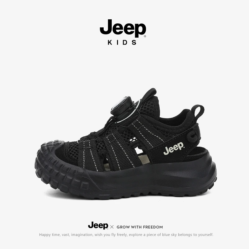 jeep黑色凉鞋男童2025新款夏季外穿软底防滑儿童溯溪鞋女童洞洞鞋
