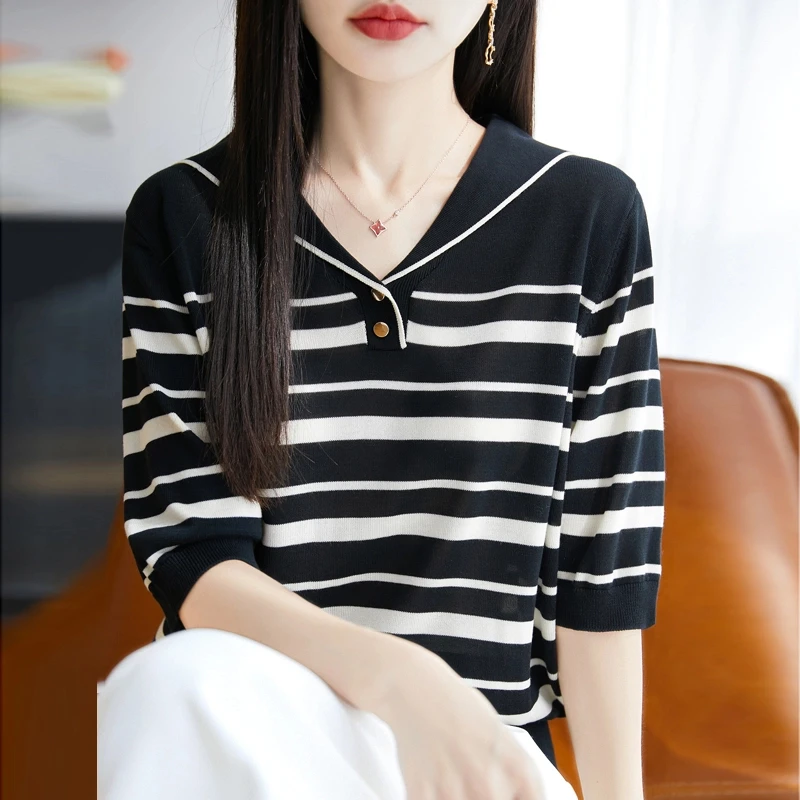 100%桑蚕丝海军领短袖t恤女夏季2025新款打底衫洋气特