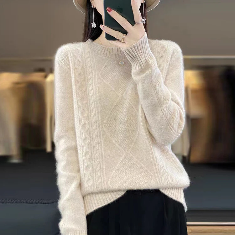 专柜同款100纯羊毛衫半高领毛衣女宽松慵懒风羊毛纯色针织打底