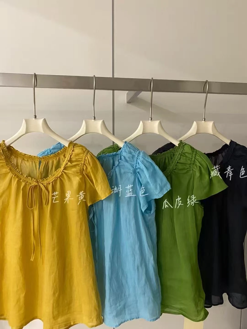 【古古】苎麻绑带小设计韩系减龄亮色夏季轻薄小上衣显白 G25539