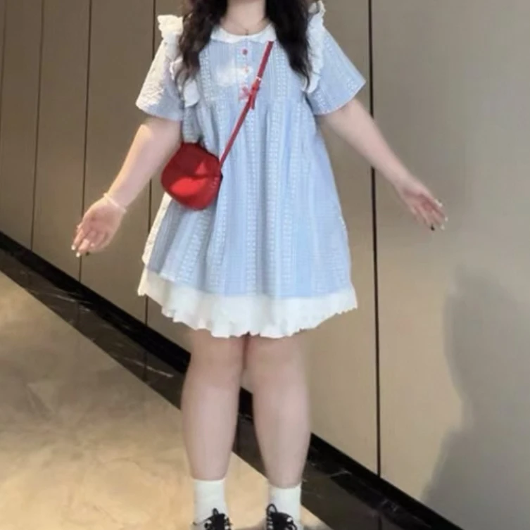 大码夏季短袖微胖蓝色格子娃娃领上衣短款裙裤两件套