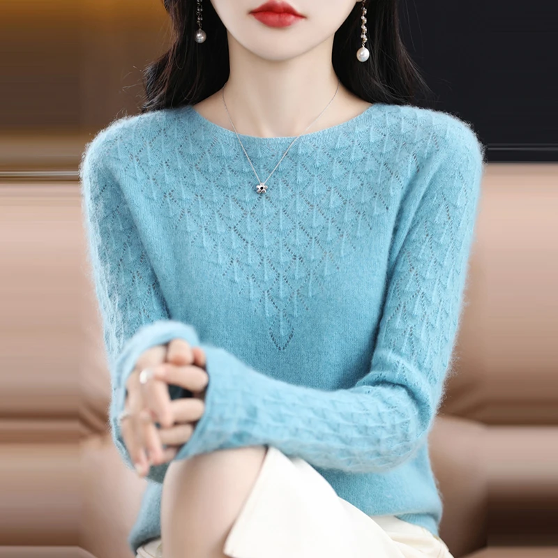 鄂尔多斯市100纯羊毛衫女秋冬镂空毛衣宽松羊绒洋气保暖打底衫