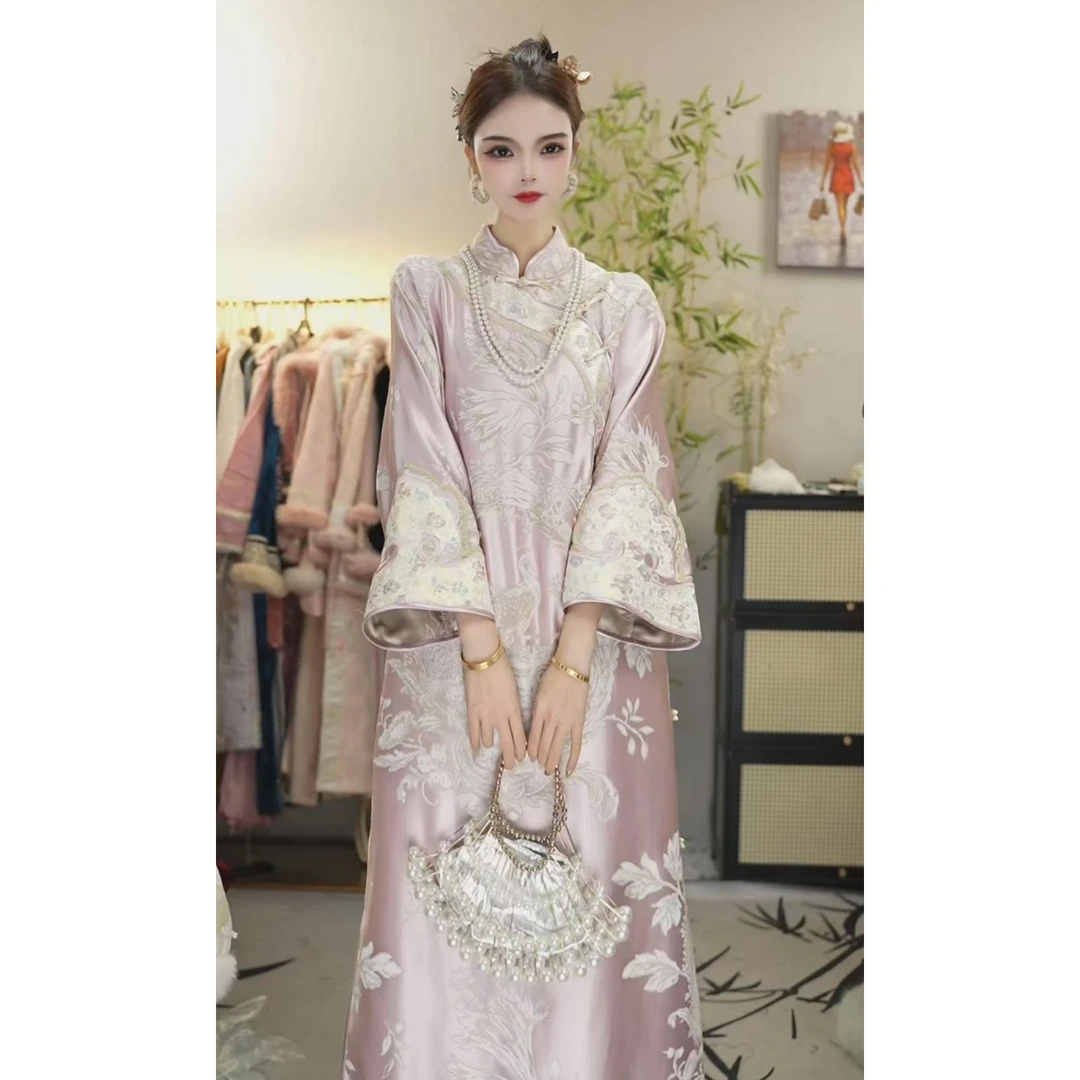 木木2025春季新款粉色新中式中国风复古女装裙子（1393）