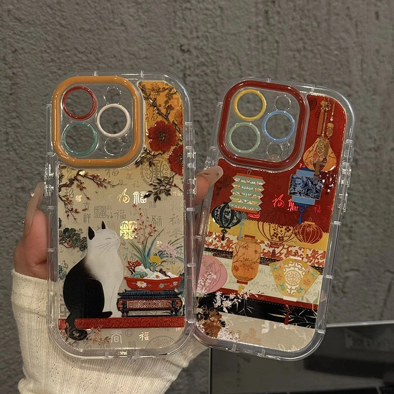 复古灯笼百福羽纱泡芙壳适用苹果16pro手机壳华为oppo小米15vivo