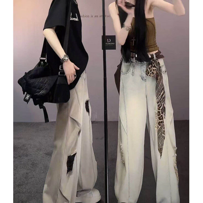 春夏新品原创设计款水洗破洞牛仔裤男美式高街休闲弯刀长裤子