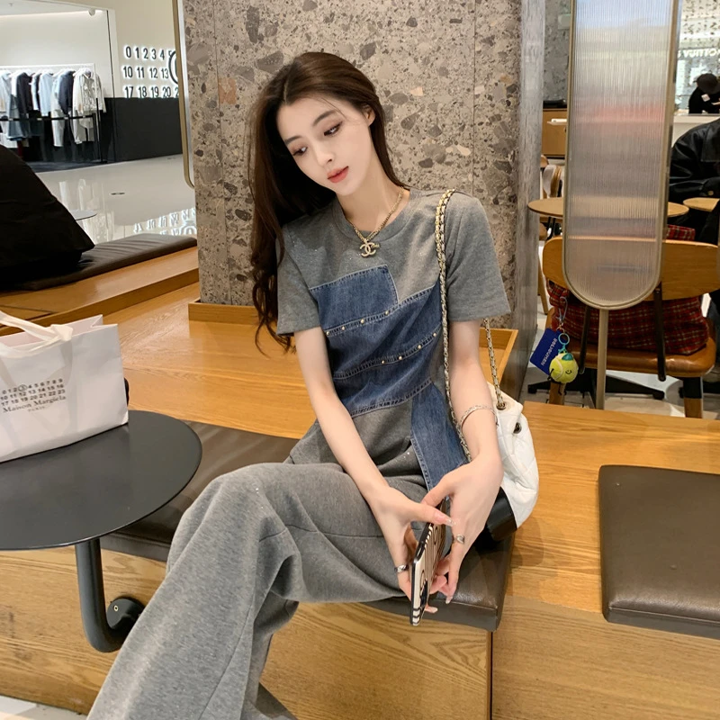 灰色运动休闲套装女夏季欧货高级感减龄牛仔拼接短袖阔腿裤两件套