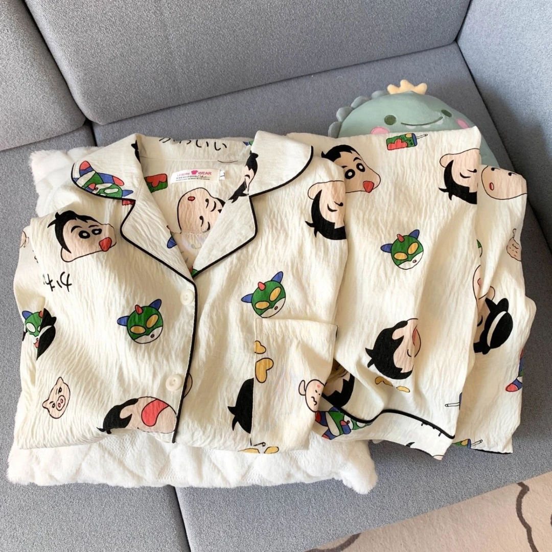 女士睡衣春秋新款薄款亲肤长袖卡通蜡笔小新可外穿云朵长裤家居服