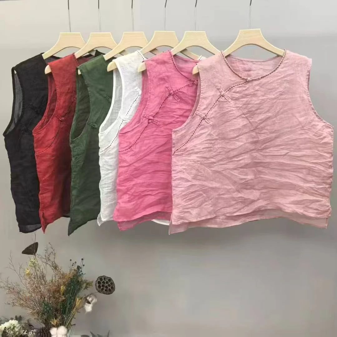 佩佩  新款苎麻手工盘口斜襟无袖背心
