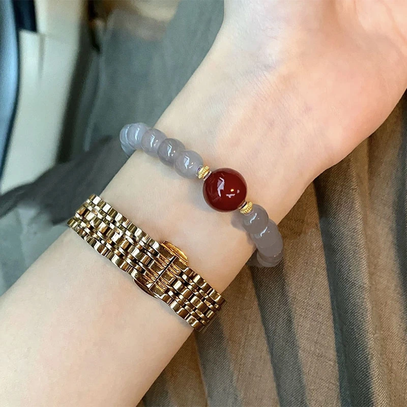 正品天然和田玉烟紫朱砂手链女冰透高级感显白本命年手串珠单圈