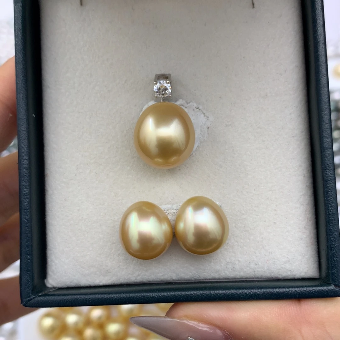 海水珍珠裸珠11-13mm强光镜面水滴两件套