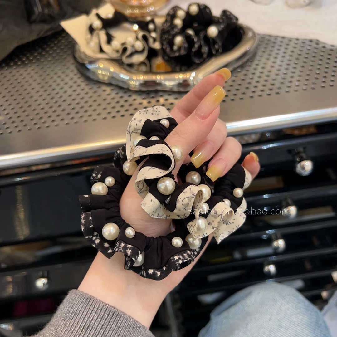 韩系小碎花木耳边珍珠褶皱发圈高级感皮筋发绳成人时尚头绳发饰