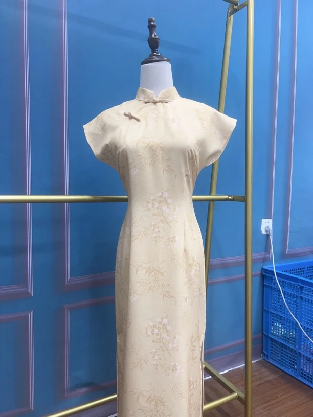 V-3000 袅袅江南 黄 十字嘛 新中式夏款年轻款改良旗袍115cm长款