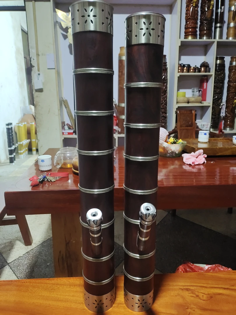 手工打造非洲紫檀高油高密带牛毛纹铜箍水烟筒