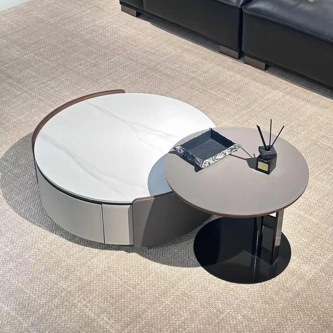 【春哥严选】意式极简马鞍皮茶几客厅现代简约圆形茶几电视柜新款MH